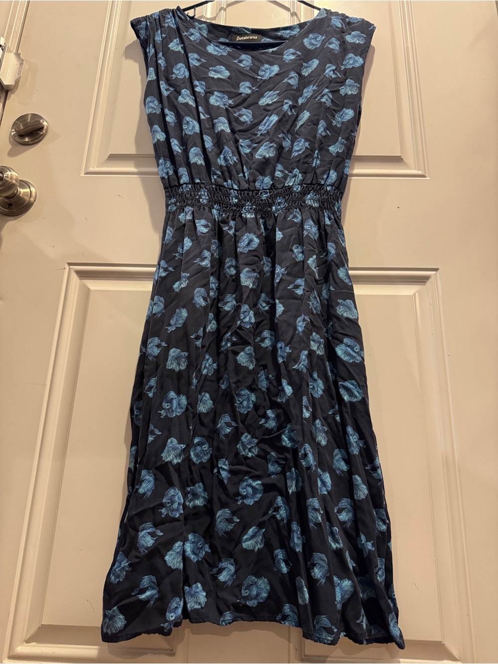 Betabrand Black Midi Dress with Blue Floral Print Pockets Size M